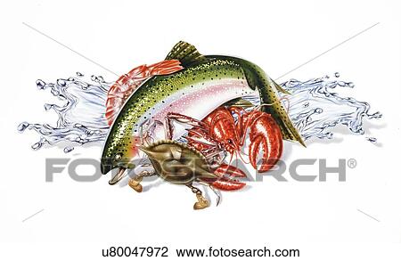 Fresh seafood, artwork View Large Illustration Drawing - Fresh seafood, artwork. Fotosearch