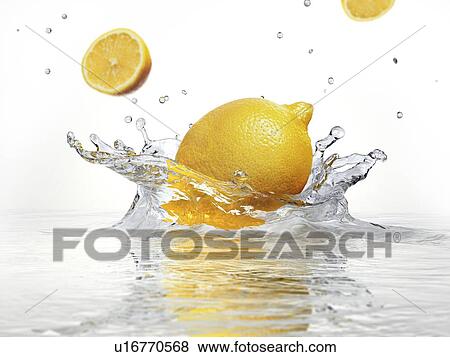 Stock Illustration - Lemon splashing into water, artwork. Fotosearch