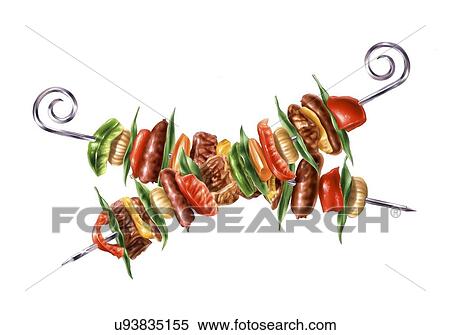 Stock Illustration - Meat and vegetable skewers, artwork. Fotosearch