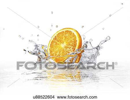 Stock Illustration - Orange splashing into water, artwork. Fotosearch