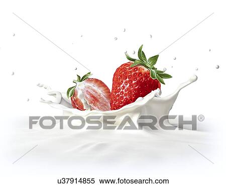 Stock Illustration - Strawberries falling into milk, artwork. Fotosearch