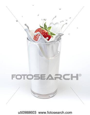 Drawing - Strawberry falling into milk, artwork. Fotosearch