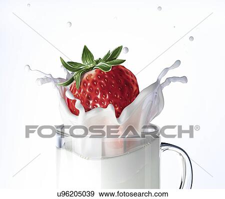Stock Illustration - Strawberry falling into milk, artwork. Fotosearch