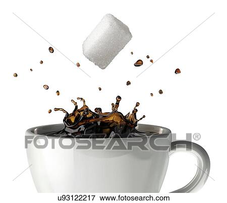 Stock Illustration - Sugar cube falling into coffee, artwork. Fotosearch