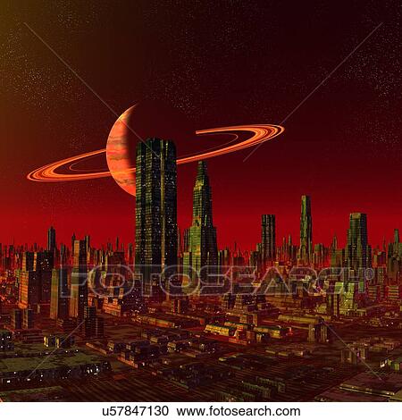 Clipart - Alien city, artwork. Fotosearch