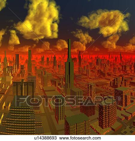 Alien city, artwork View Large Illustration Drawing - Alien city, artwork. Fotosearch