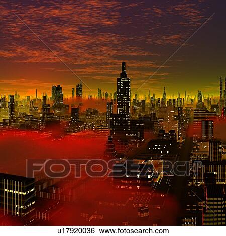 Stock Illustration - Alien city, artwork. Fotosearch