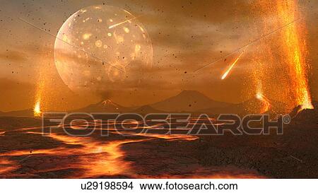 Artwork of the primordial Earth View Large Illustration Stock Illustration - Artwork of the primordial Earth. Fotosearch
