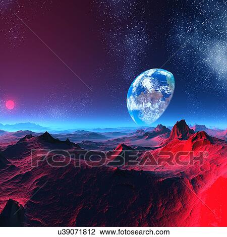 Earth-like alien planet, artwork View Large Illustration Drawing - Earth-like alien planet, artwork. Fotosearch