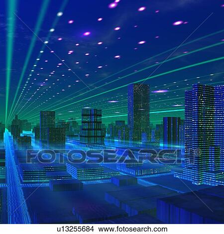 Stock Illustration - Futuristic city, conceptual artwork. Fotosearch
