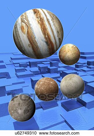 Jupiter and four of its moons, artwork View Large Illustration Clipart - Jupiter and four of its moons, artwork. Fotosearch