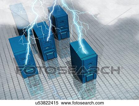 Stock Illustration - Lightning striking computers, artwork. Fotosearch