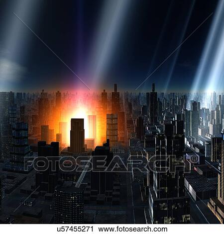 Meteor shower over alien city, artwork View Large Illustration Clip Art - Meteor shower over alien city, artwork. Fotosearch
