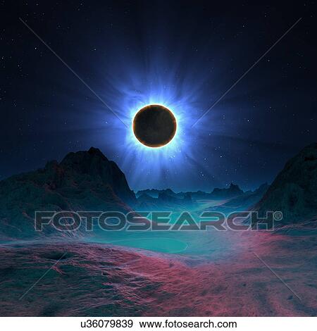 Solar eclipse in alien planetary system View Large Illustration Stock Illustration - Solar eclipse in alien planetary system. Fotosearch