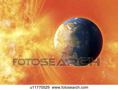 Solar flare hitting Earth, artwork View Large Illustration Stock Illustration - Solar flare hitting Earth, artwork. Fotosearch