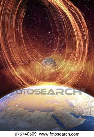 Stock Illustration - Solar flare hitting Earth, artwork. Fotosearch