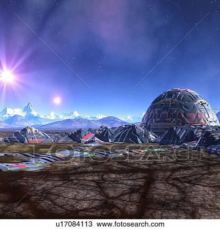 Drawing - Space colony, artwork. Fotosearch