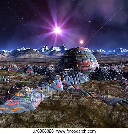 Drawing - Space colony, artwork. Fotosearch