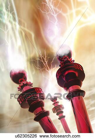 Tesla coils firing, artwork View Large Illustration Stock Illustration - Tesla coils firing, artwork. Fotosearch