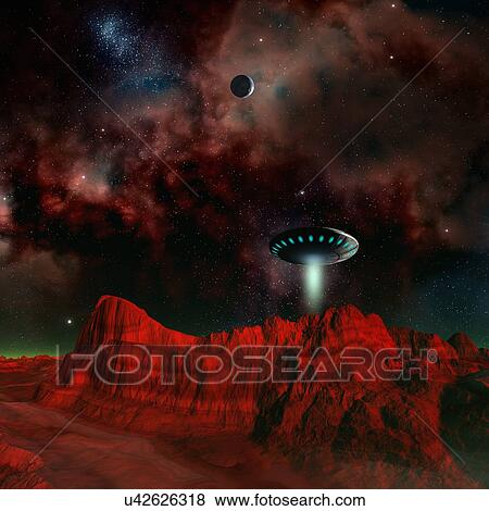 Stock Illustration - UFO over an alien planet, artwork. Fotosearch