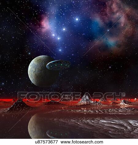 Stock Illustration - UFO over an alien planet, artwork. Fotosearch