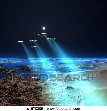 UFOs over an alien planet, artwork View Large Illustration Clip Art - UFOs over an alien planet, artwork. Fotosearch