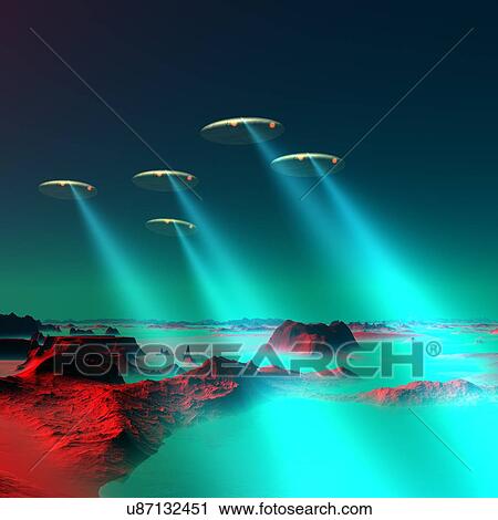 UFOs over an alien planet, artwork View Large Illustration Clip Art - UFOs over an alien planet, artwork. Fotosearch