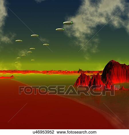 Drawing - UFOs over an alien planet, artwork. Fotosearch