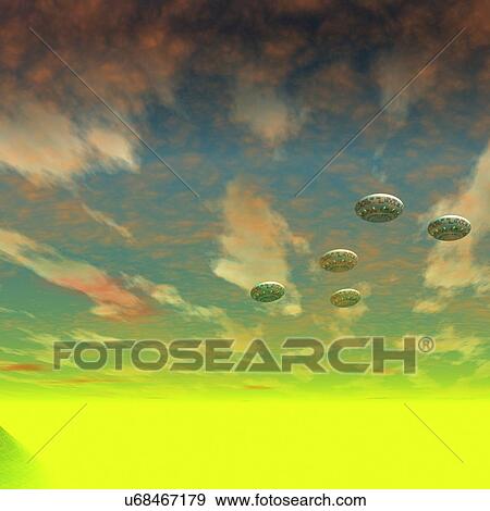 UFOs over an alien planet, artwork View Large Illustration Stock Illustration - UFOs over an alien planet, artwork. Fotosearch