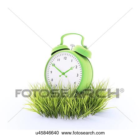 Clipart - Alarm clock and grass, artwork. Fotosearch