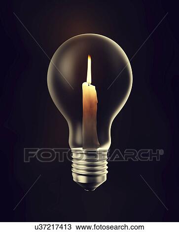 Candle in a light bulb, artwork View Large Illustration Drawing - Candle in a light bulb, artwork. Fotosearch