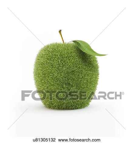 Grass-covered apple, artwork View Large Illustration Drawing - Grass-covered apple, artwork. Fotosearch