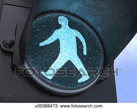 Drawing - Green pedestrian light, artwork. Fotosearch