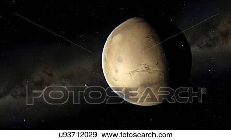 Stock Illustration - Mars and its Two Moons. Fotosearch
