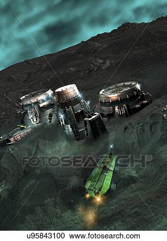 Clipart - Space mining colony, artwork. Fotosearch