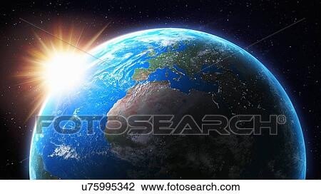 Drawing - Sun setting behind Earth, artwork. Fotosearch