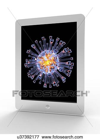 Stock Illustration - Tablet computer, flu virus particle. Fotosearch
