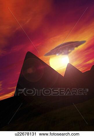 UFO over the pyramids, artwork View Large Illustration Clip Art - UFO over the pyramids, artwork. Fotosearch