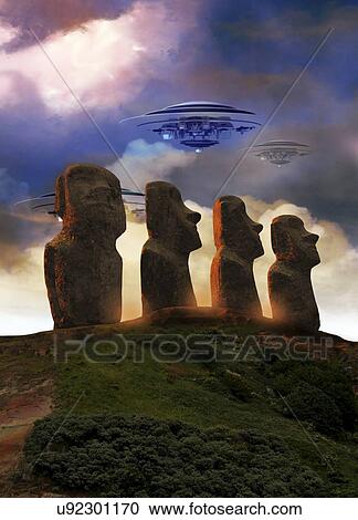Clipart - UFOs over Easter Island, artwork. Fotosearch