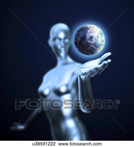 Drawing - Android holding Earth, artwork. Fotosearch