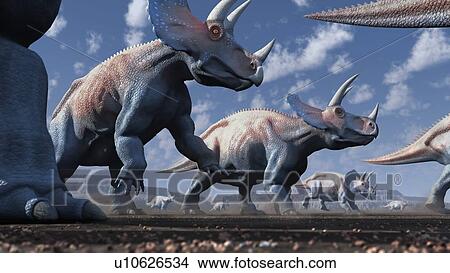 Stock Illustration - Artwork of a herd of triceratops. Fotosearch
