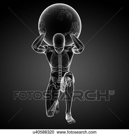 Clipart - Atlas lifting globe, artwork. Fotosearch