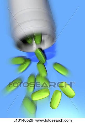 Stock Illustration - Pills spilling from a bottle, artwork. Fotosearch