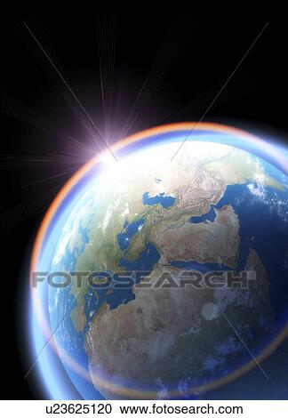 Sunset from space, artwork View Large Illustration Clipart - Sunset from space, artwork. Fotosearch