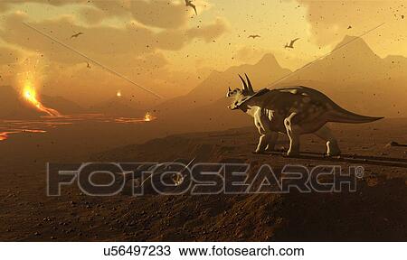 Triceratops and volcanic landscape View Large Illustration Drawing - Triceratops and volcanic landscape. Fotosearch
