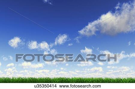 Stock Illustration - Grass and cloudy sky, artwork. Fotosearch