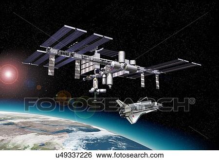 Stock Illustration - International space station and shuttle. Fotosearch