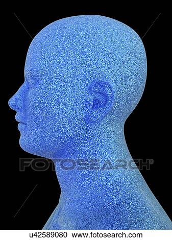Clipart - Male head composed of particles, artwork. Fotosearch