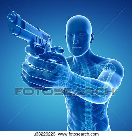 Drawing - Man with gun, artwork. Fotosearch