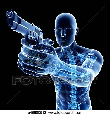 Drawing - Man with gun, artwork. Fotosearch
